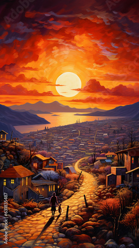 House landscape of slums in illustration during sunset