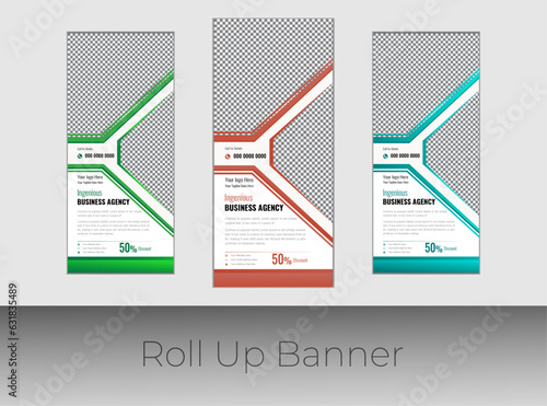 Modern corporate colorful roll up stand template design, advertisement, pull up, wavy background with Photo space.