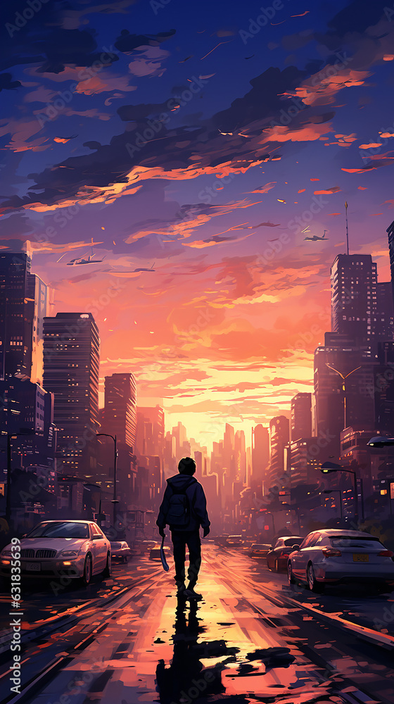 Horizontal Landscape of Man Walking in middle of city Horizontal Landscape of Man Walking in middle of city