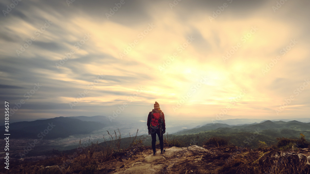 women asians travel relax in the holiday. Admire the atmosphere landscape on the Moutain. Mountain Park happily. In Thailand