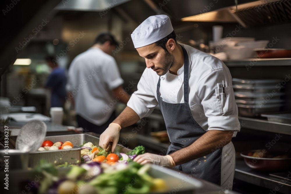 Candid chef, sustainable kitchen, food waste reduction. minimizing food waste in the culinary