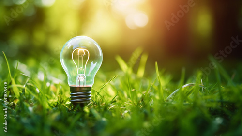 Light bulb in nature, ecology concept, ecology idea, ideas for the future, inspiration, innovation for the future, lit light bulb on grass, protect the nature, clean energy, wind, solar, recycling