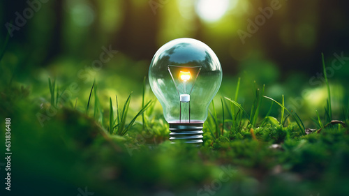 Light bulb in nature, ecology concept, ideas for the future, inspiration, innovation for the future, lit light bulb on grass, protect the nature, clean energy, wind, solar, recycling