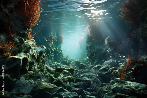 Underwater background deep blue sea, seaweed, rock and beautiful light rays with sandy floor, Generative AI.