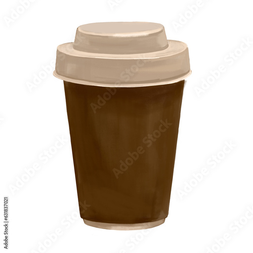 Paper cup with lid with hot coffee. Digital hand drawn illustration isolated on white background. Hand drawn illustration photo