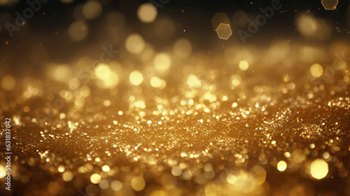 Golden glitter particles with bokeh lights on black background