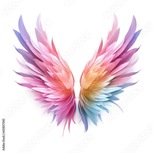 transparent backround with isolated feather design element featuring an angels wings in a pastel rainbow color palette. © AkuAku
