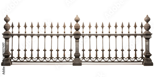 Foto Dark gray metal straight fence with vintage gothic style monograms isolated on white transparent png background, cutout, clipart