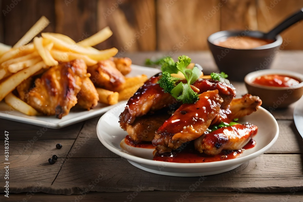 Fried chicken wings with bbq sauce and french fries on artificial intelligence neutral background Fried chicken wings with bbq sauce and french fries on artificial intelligence neutral background
