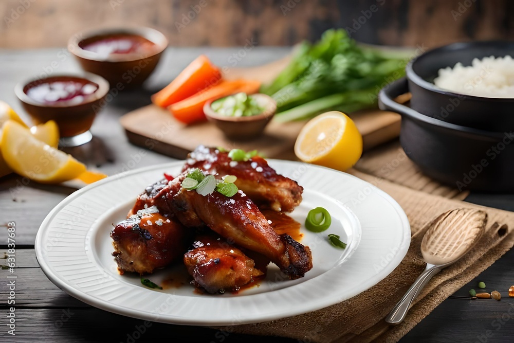 Fried chicken wings with barbecue sauce and rice on artificial intelligence neutral background Fried chicken wings with barbecue sauce and rice on artificial intelligence neutral background