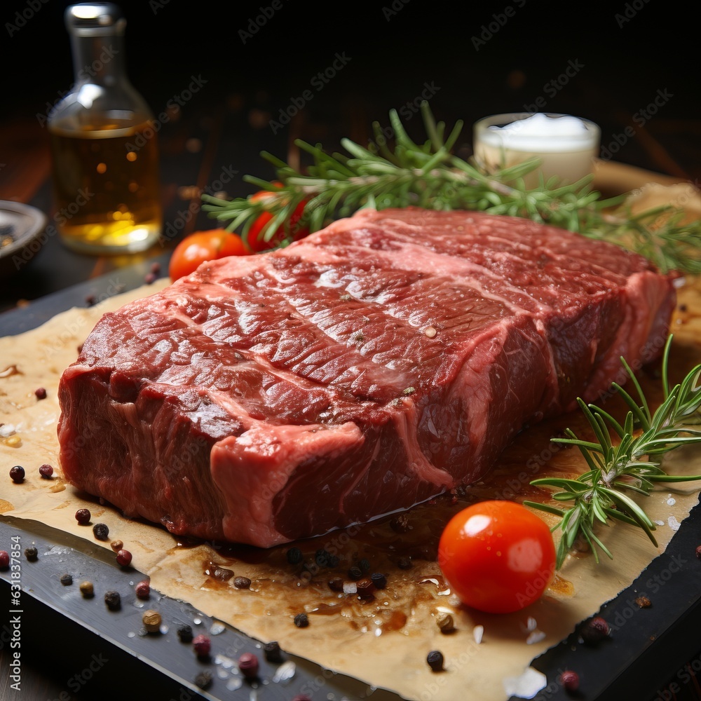 Large piece of beef meat, raw ingredient for steak. Prepared marinated meat for grill and oven. Hearty food. Background with spices. Place for text.
