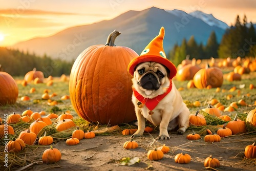 Halloween holiday, cute pug and pumpkin on a neutral background created by artificial intelligence on a neutral background generated by AI