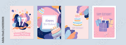 Set of lovely birthday cards design with cake, balloons and typography design. Abstract universal grunge violet artistic templates. For poster, business card, invitation, flyer, banner, email header