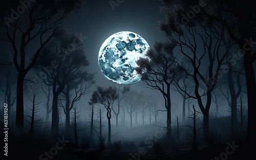 Dark night forest full moon. AI, Generative AI