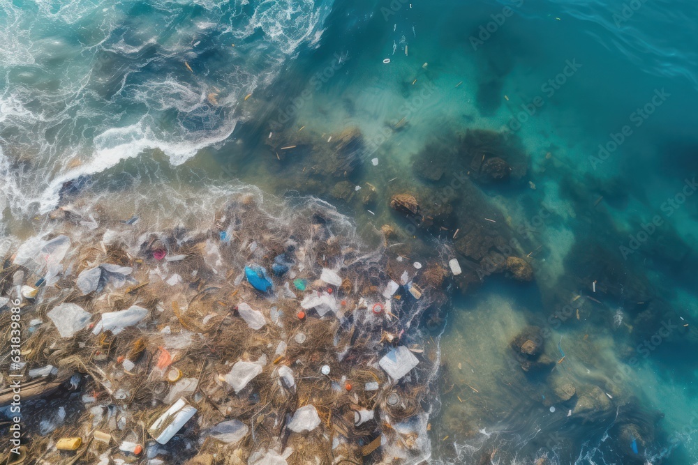 aerial view of a polluted water ocean choked with plastic waste