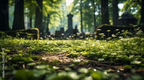 Generative AI  european cemetery  gravestones  stone tombstones  burial  green grass  funeral  flowers