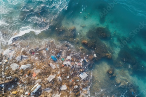 aerial view of a polluted water ocean choked with plastic waste, plastic pollution on water photo