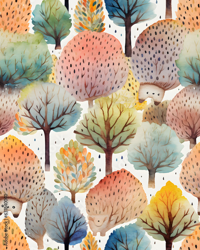 Autumn yellow trees seamless watercolor pattern
