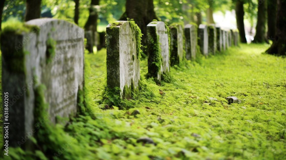 Generative AI, european cemetery, gravestones, stone tombstones, burial, green grass, funeral, flowers Generative AI, european cemetery, gravestones, stone tombstones, burial, green grass, funeral, flowers