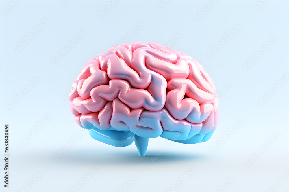 3d illustration of a human brain, style of light pink and sky blue 3d illustration of a human brain, style of light pink and sky blue