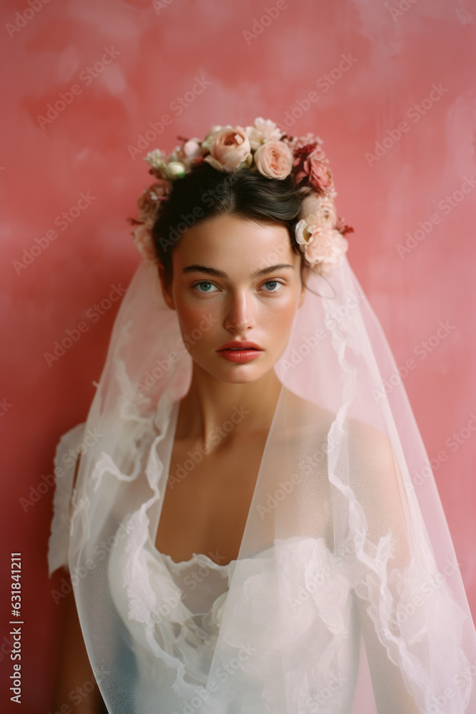 portrait of a woman/model/bride in a wedding dress engagement fashion/beauty editorial magazine style film photography look in front of a rosy-red background - generative ai art portrait of a woman/model/bride in a wedding dress engagement fashion/beauty editorial magazine style film photography look in front of a rosy-red background - generative ai art