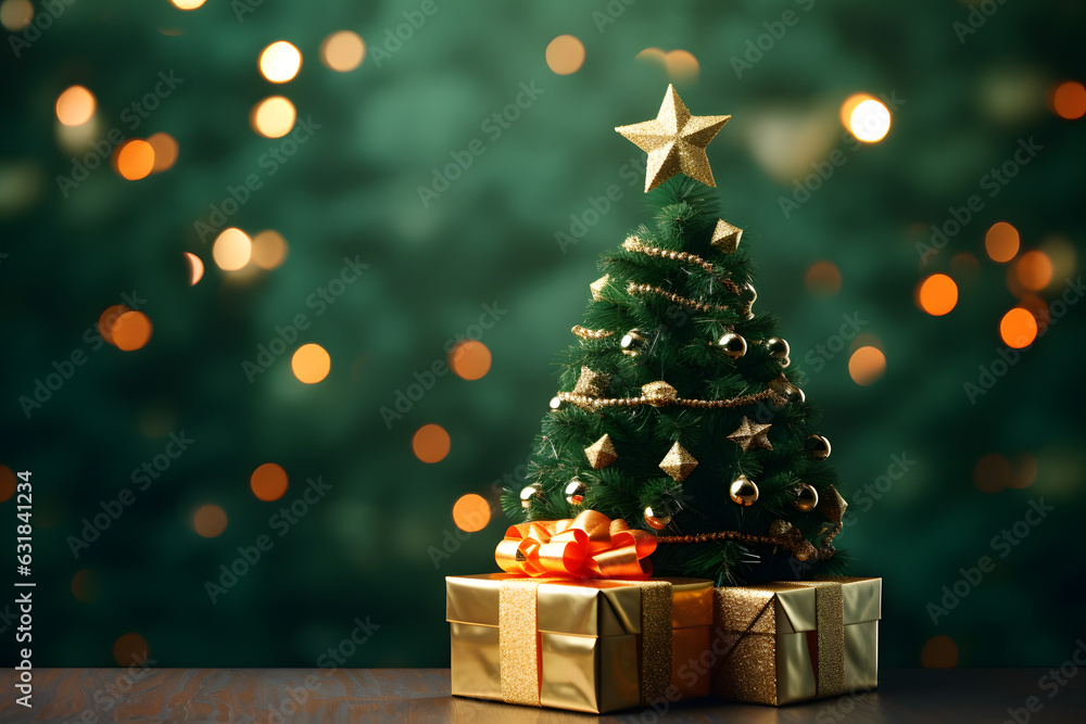 Decorated Christmas tree with gifts on green background