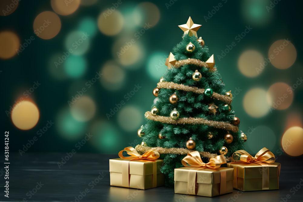 Decorated Christmas tree with gifts on green background