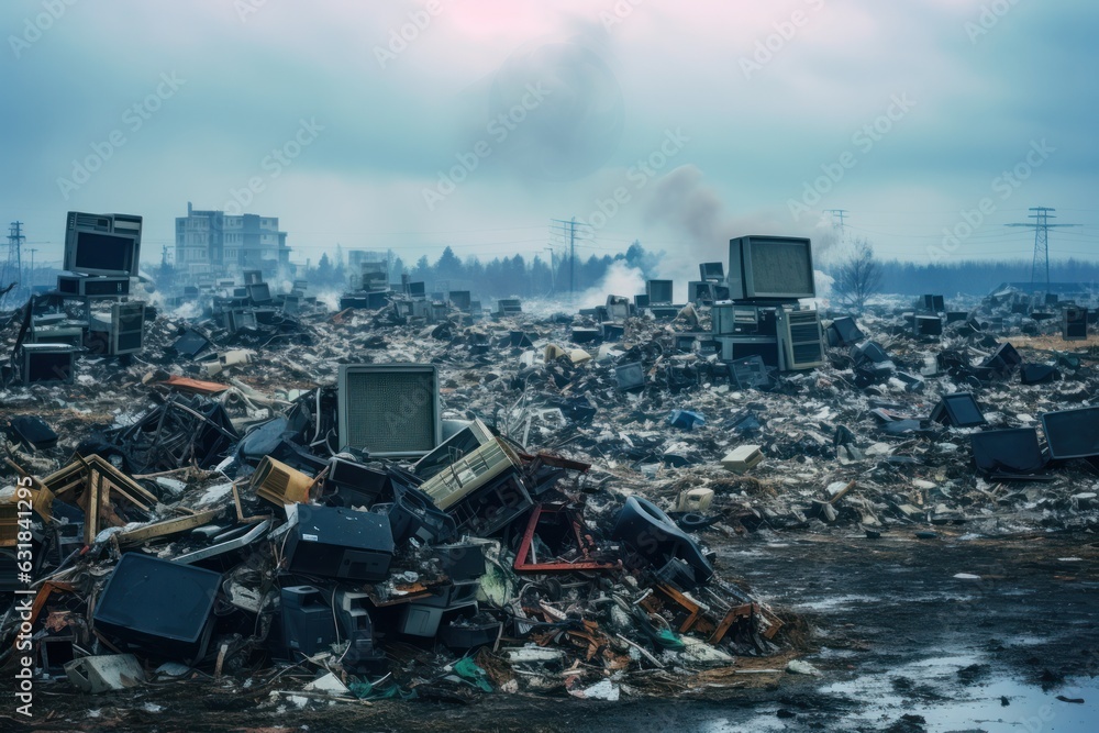 massive ewaste dumpsite on the outskirts of a city, scale of