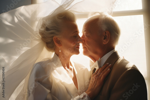 portrait of a an elderly couple bride/groom in wedding dress/suit with flowers vow renewal/engagement fashion/beauty editorial magazine style film photography look - generative ai art