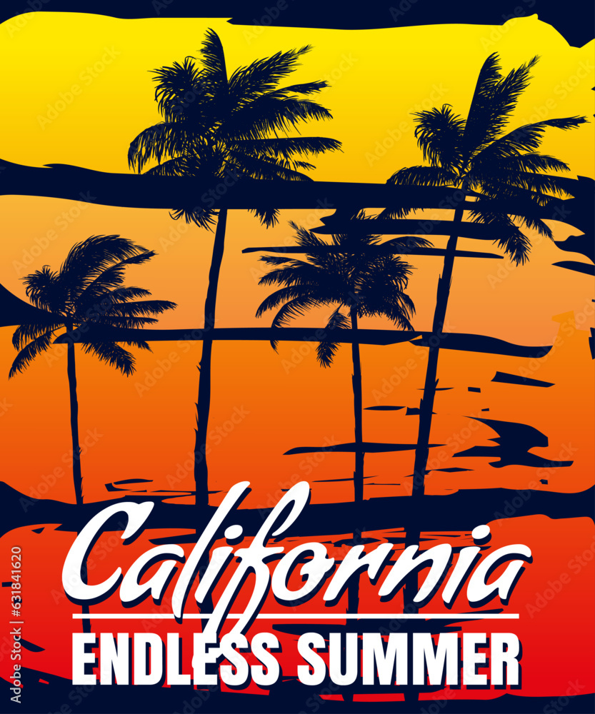 California Endless Summer sunset print t-shirt design. Poster retro palm tree silhouettes