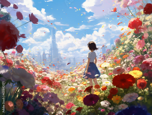 少女と花畑の風景-水彩アニメ背景