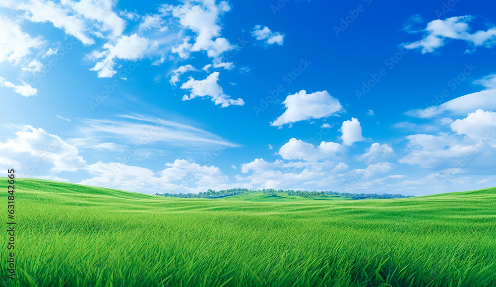 Fototapeta premium Field of green fresh grass under blue sky