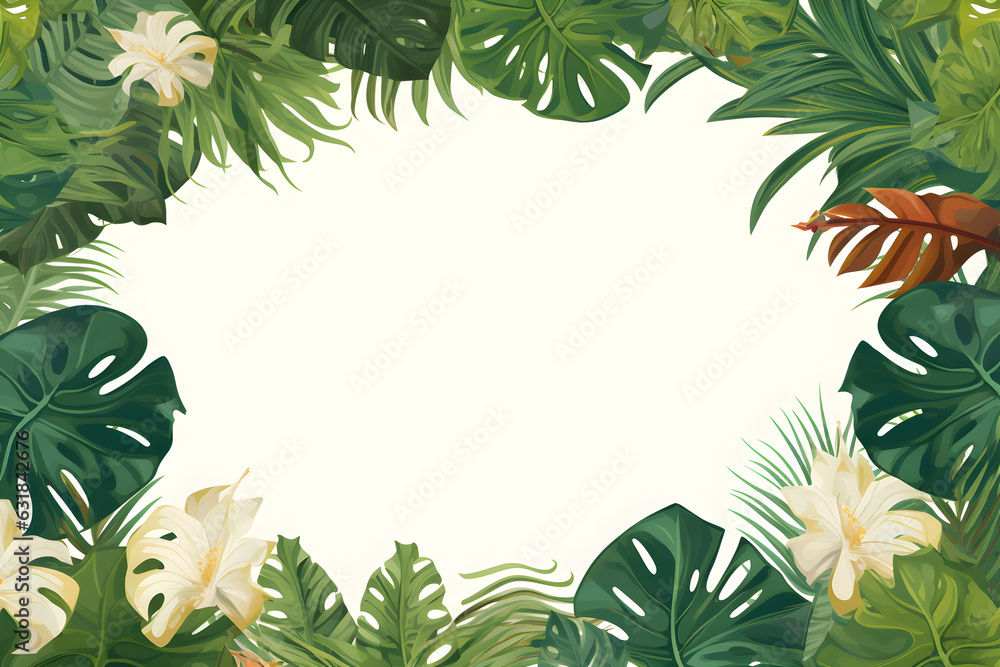 Blank paper over exotic tropical green plants. Greetang card, advertising 