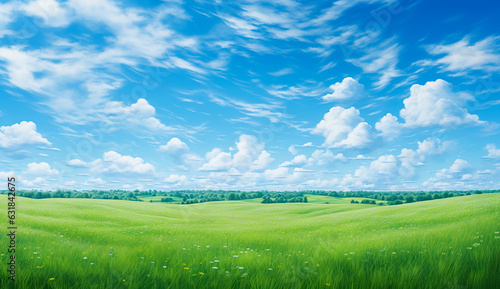 Field of green fresh grass under blue sky