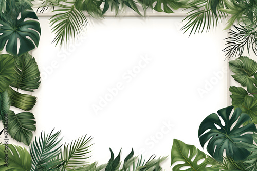 Blank paper over exotic tropical green plants. Greetang card, advertising 