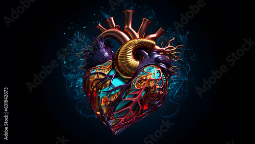 Electronic heart 3D design. Art in the style of cyberpunk dystopia, richly detailed backgrounds