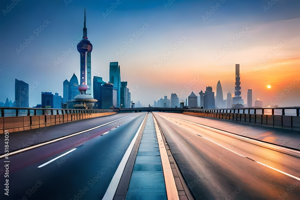 Fototapeta premium Asphalt road and wall with city skyline at night in Shanghai, China.AI generated