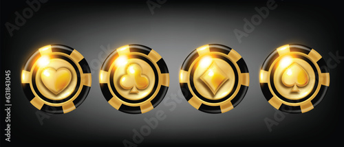 3D golden poker chips, casino coin badge set, vector VIP slots roulette shiny bet icon element kit. Royal game money award, Vegas gambling success symbol, shiny lucky medal set. Golden chips design