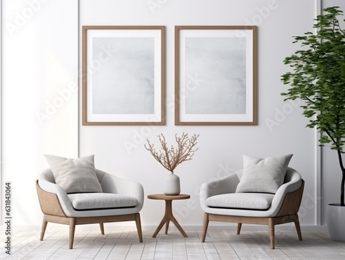 Interior design of modern living room with two armchairs and big frame poster generative ai