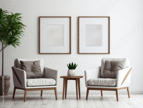 Interior design of modern living room with two armchairs and big frame poster generative ai