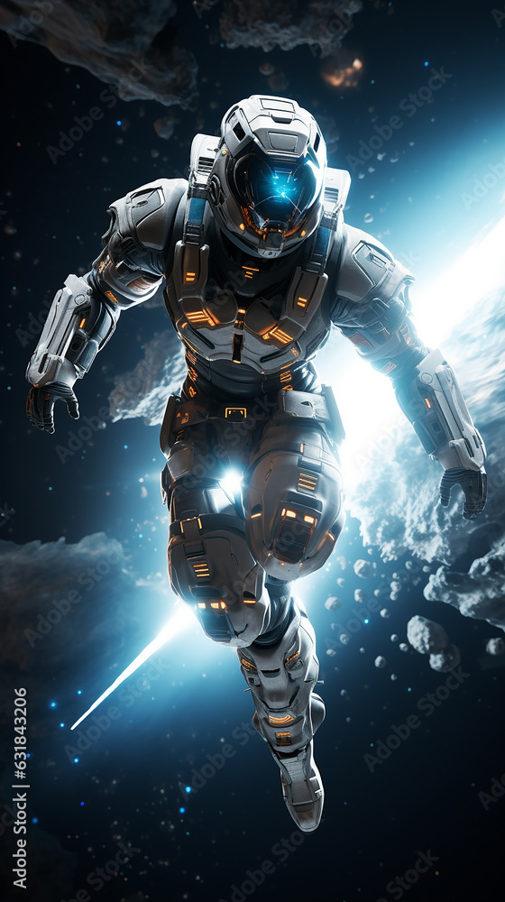 Fototapeta premium Astronaut in space flying with smoke background