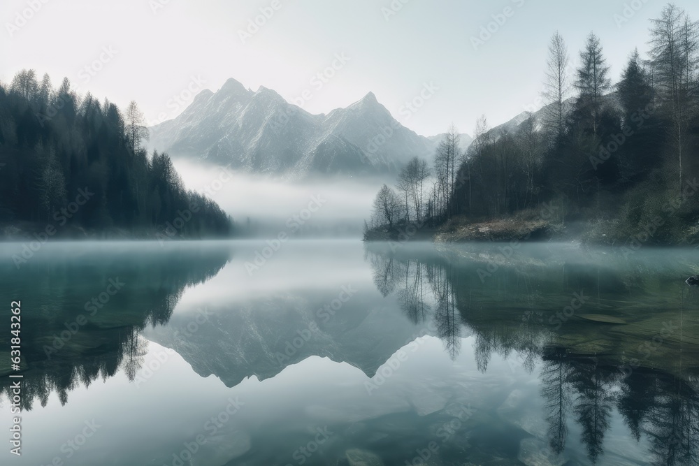 Lake panorama in a foggy morning with glaciers mountains, generative AI