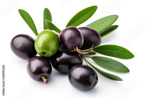 Ripe organic olives on a branch close-up, white background.