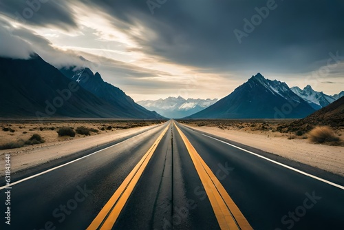 Driving down an empty road with a view of mountains in the distance and cloudy sky through a front car windshield.AI generated © Ammad