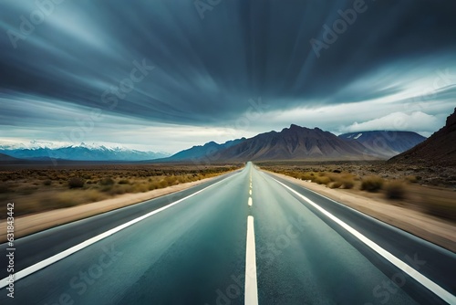 Driving down an empty road with a view of mountains in the distance and cloudy sky through a front car windshield.AI generated