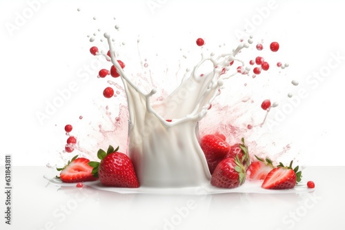 milk or yogurt splash with strawberries isolated on white background, AI