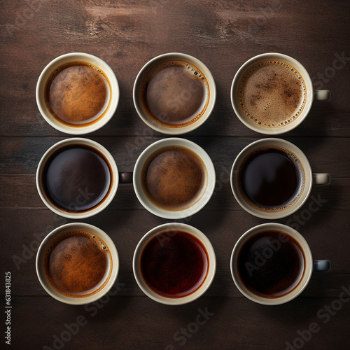 The view from above of several cups of coffee of various varieties being served. Against the background of textured and patterned surfaces. 