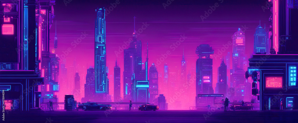 Wide-angle panorama of a cyberpunk cityscape. Futuristic city scene in a style of pixel art. 80's wallpaper. Retro future illustration. Urban scene.
