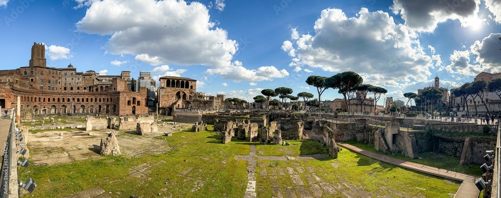 Panoramic shot of the ruins of Roman Forum in Rome, Italy