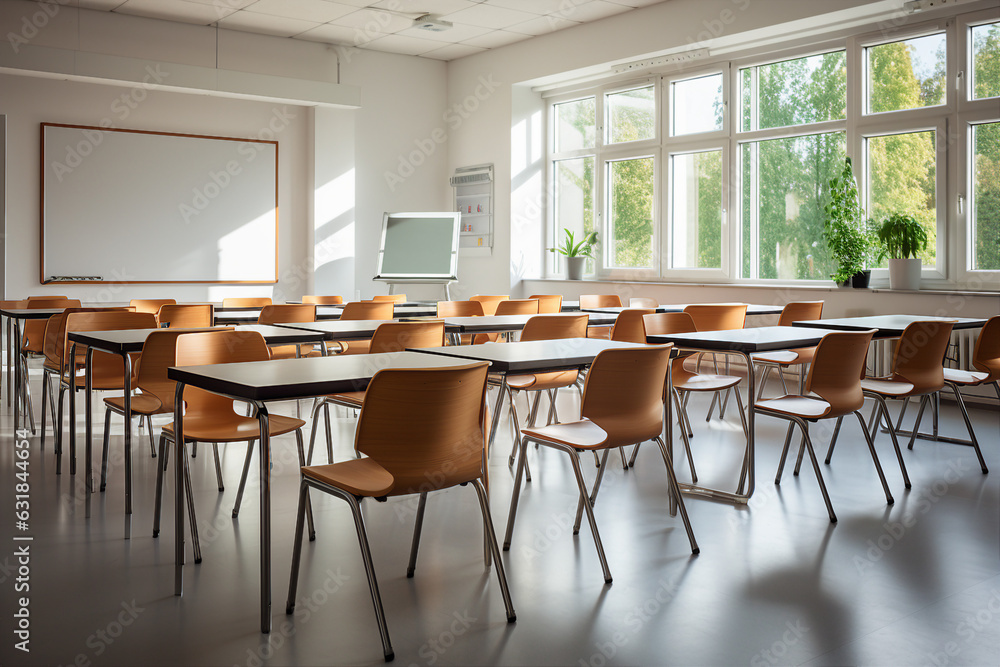 Generative ai picture collage of empty classroom without teacher students with school table chair for teaching